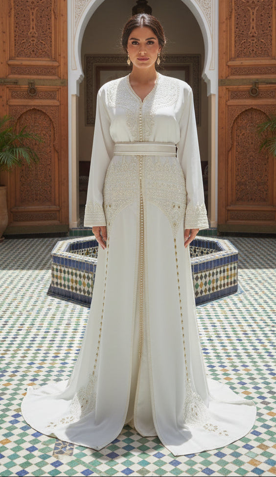 Takchita Blanche Royale Brodée et Chargée - Caftan Luxe
