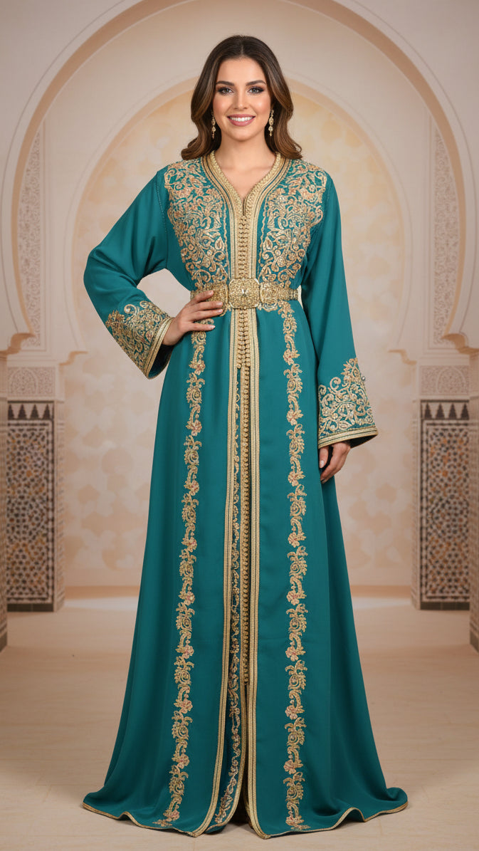 CAFTAN ROYAL BLEU CANARD PERLÉE BRODÉE - LUXE MAROCAIN