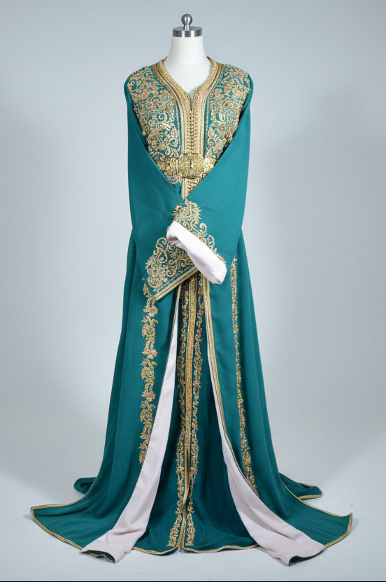 CAFTAN ROYAL BLEU CANARD PERLÉE BRODÉE - LUXE MAROCAIN