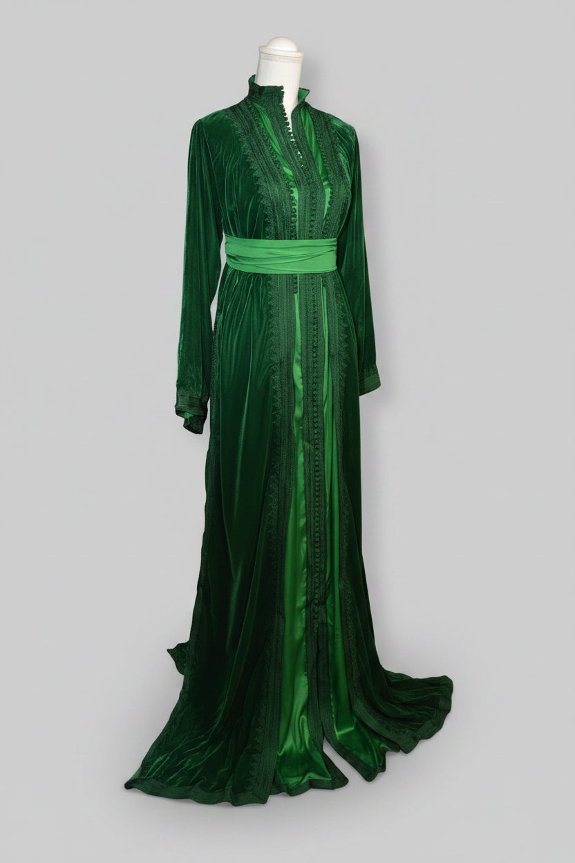 Takchita Col Montant Velours Vert Sapin
