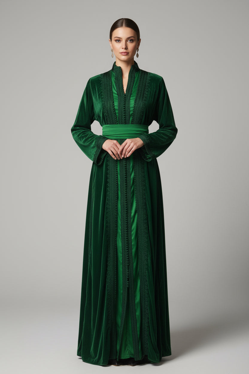 Takchita Col Montant Velours Vert Sapin