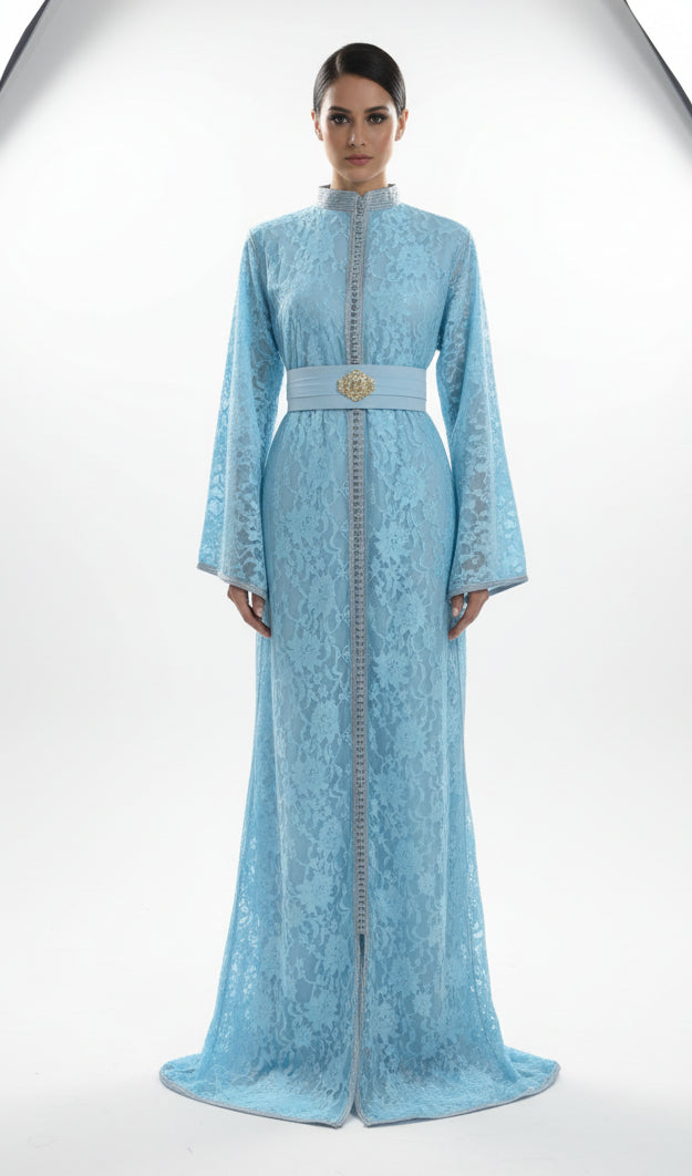 Caftan Sirène Dentelle Bleu - Luxe Marocain