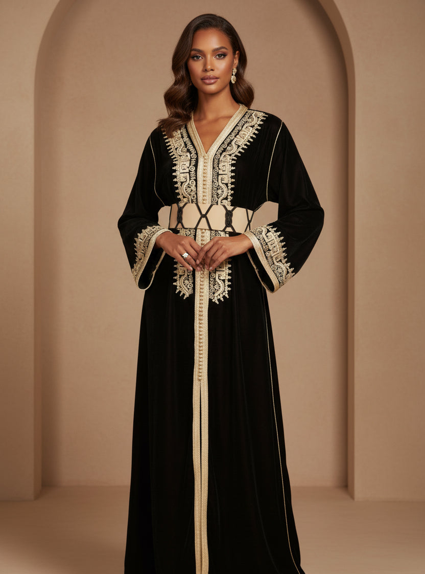 Caftan Noir en Velours – Broderies Dorées beige