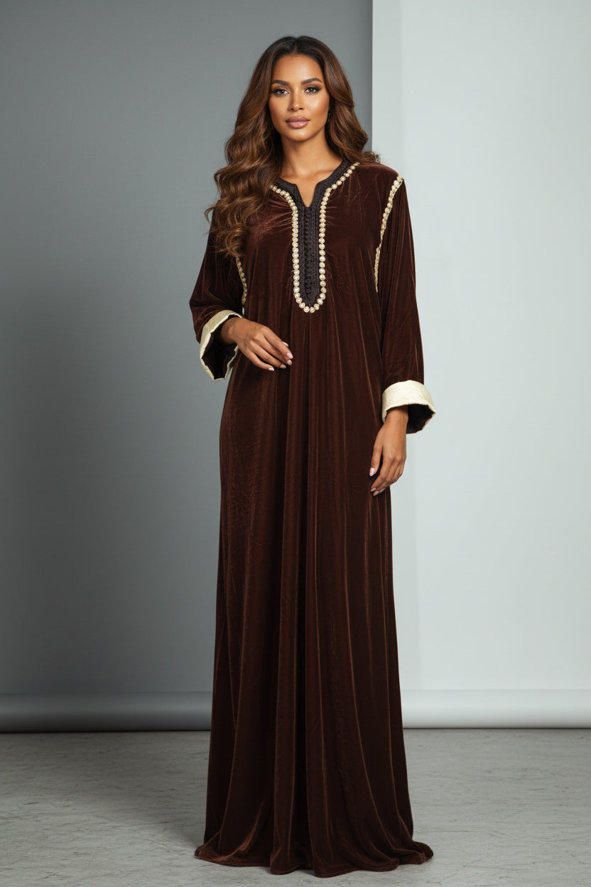 Gandoura Velours Marron – Broderies Dorées