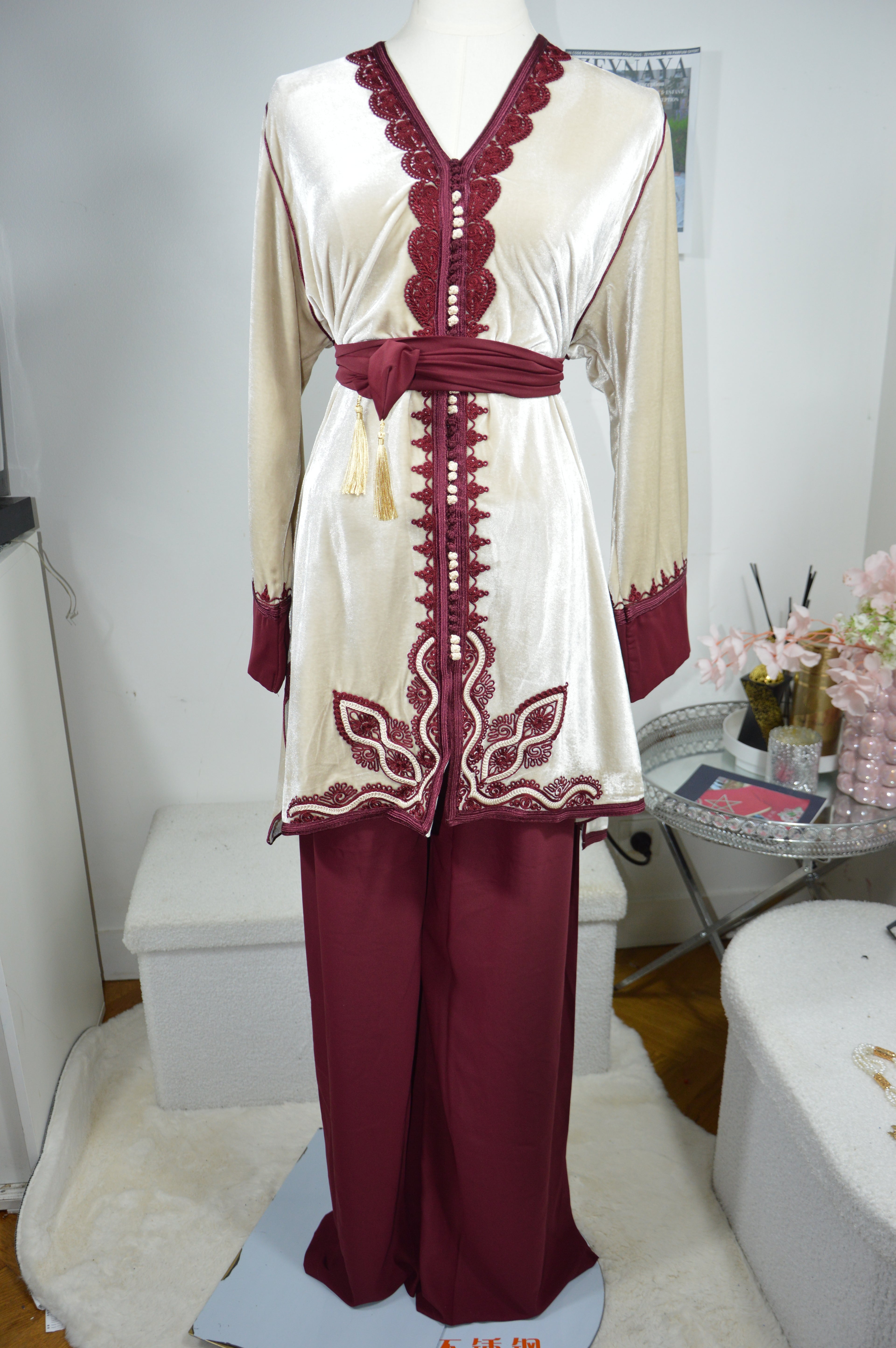 Jabador Blanc Bordeaux Femme - Ensemble 3 Pièces Velours et Crêpe