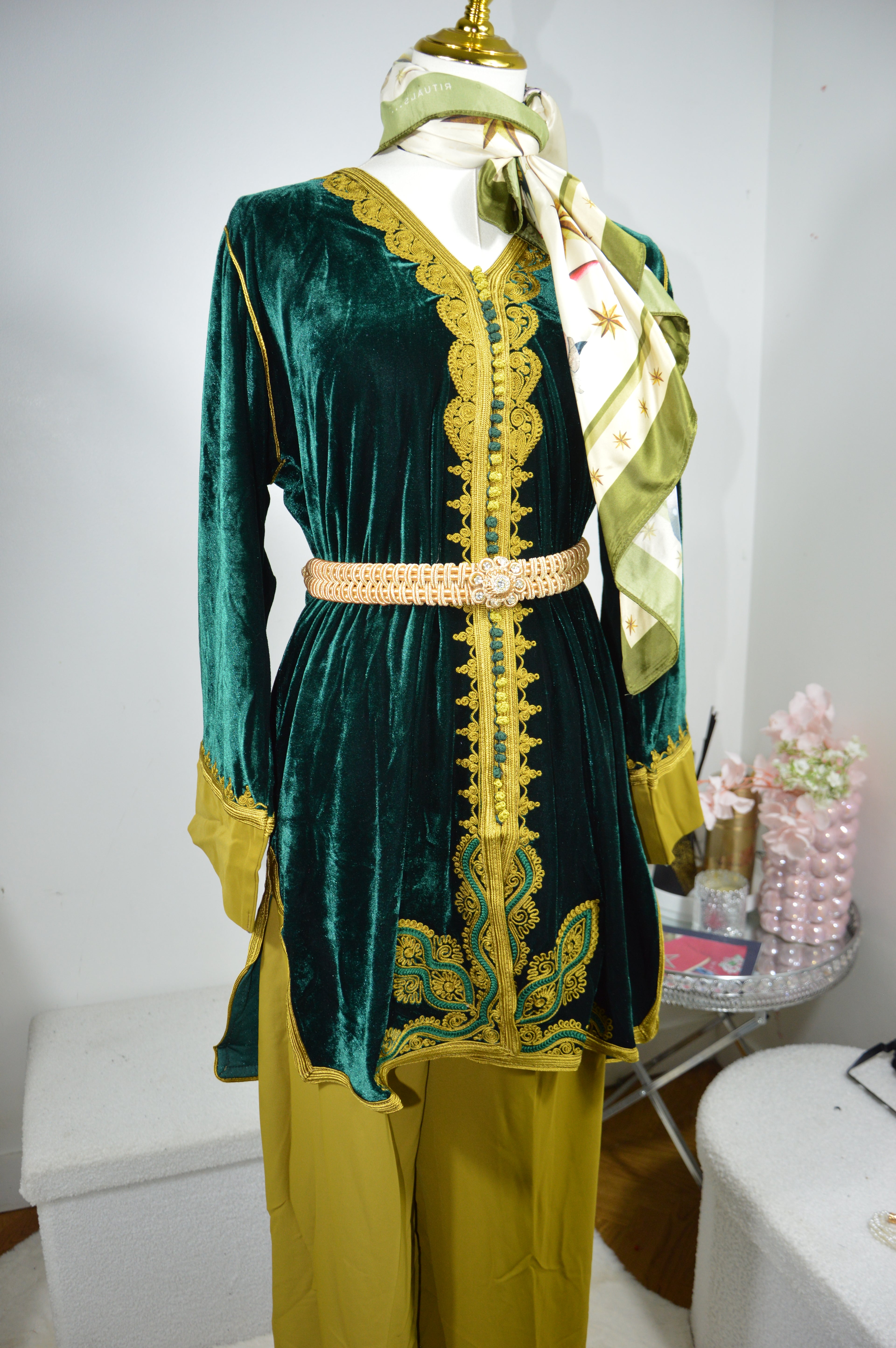Jabador Vert Royal Pistache Femme - Ensemble 3 Pièces Velours et Crêpe