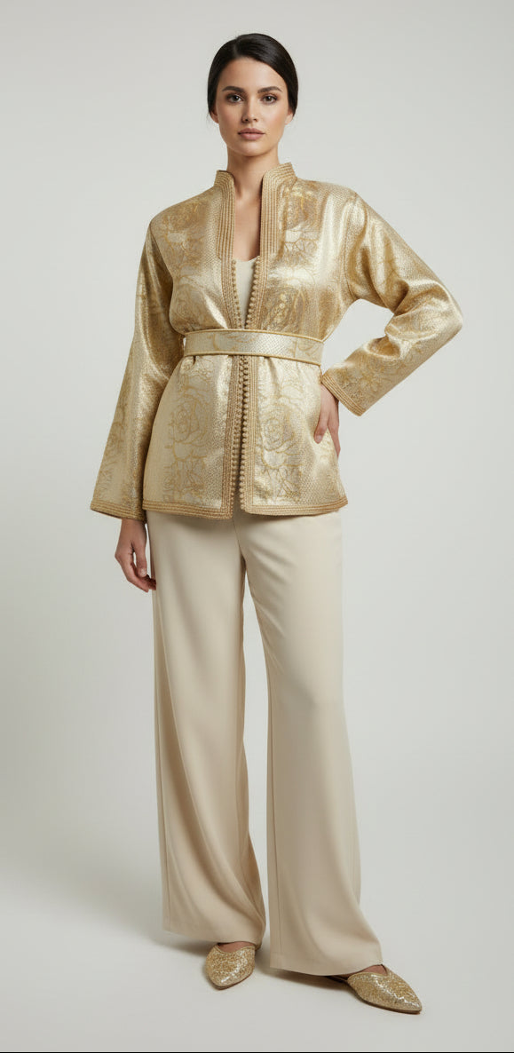 Veste Brocard Or Blanc - Élégance Marocaine