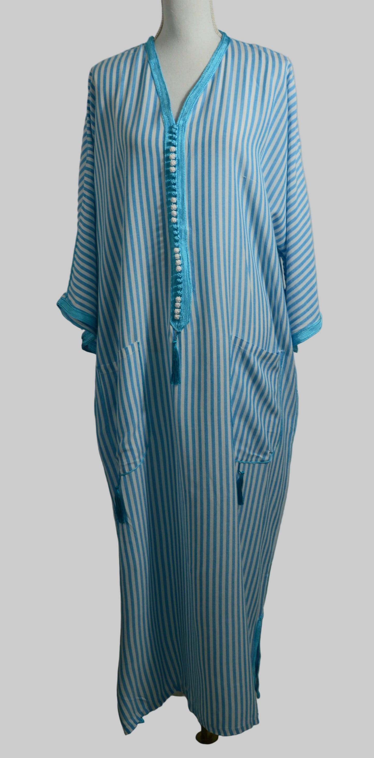 Gandoura Rayée Turquoise avec Franges - zeynaya prestige