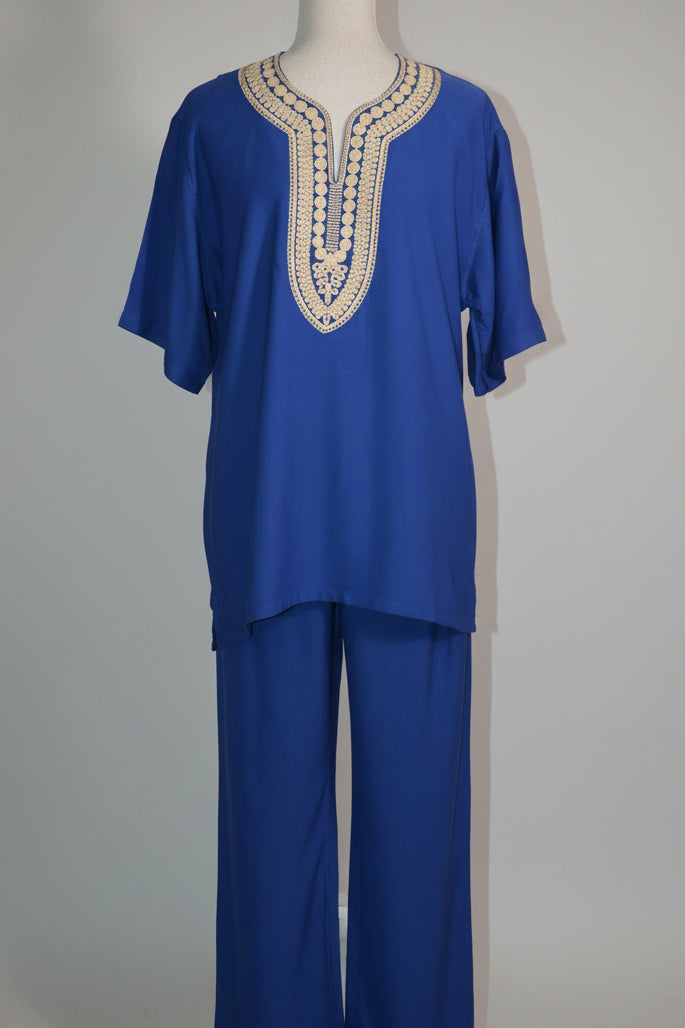 Ensemble Lin Bleu Roi – Broderie Blanche