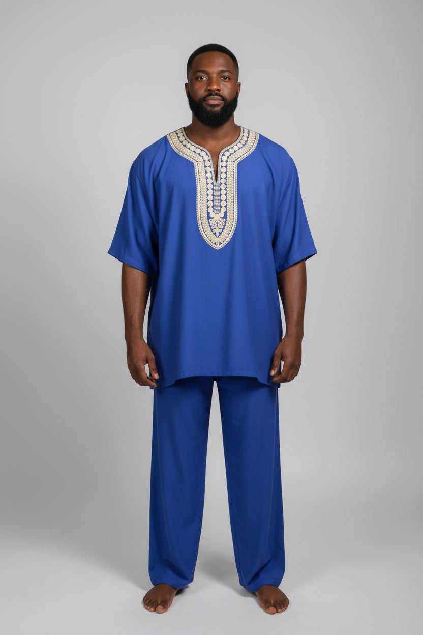 Ensemble Lin Bleu Roi – Broderie Blanche