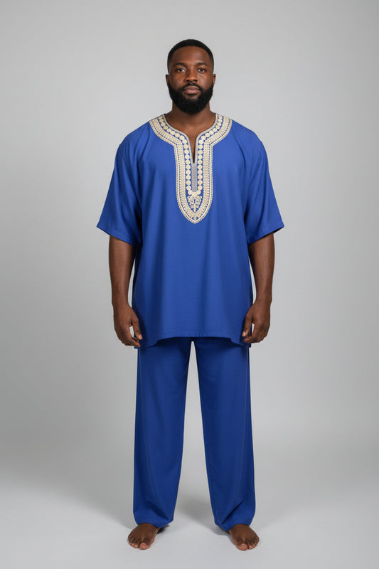 Ensemble Lin Bleu Roi – Broderie Blanche