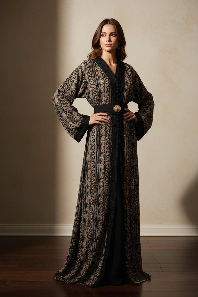 Takchita sari noire paisley or scintillante - vue de face