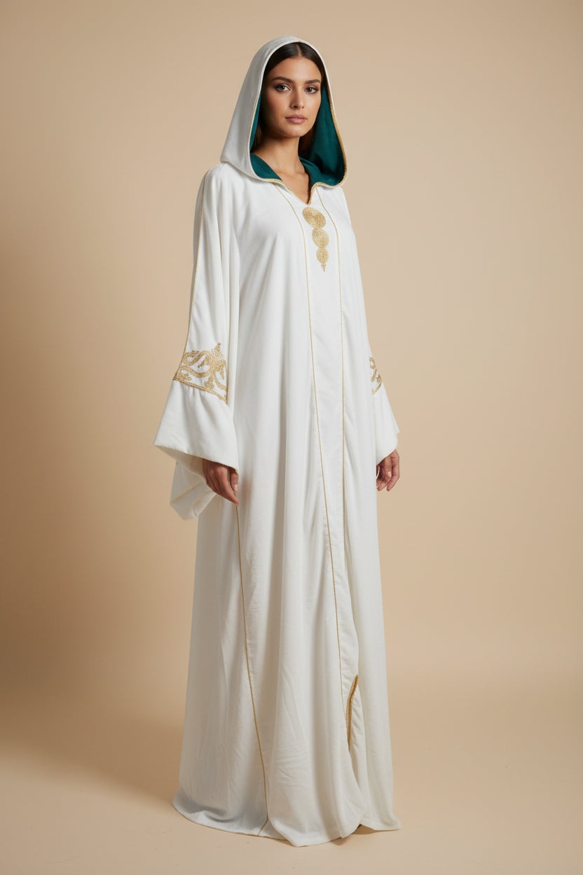 JELLABA VELOURS BLANC BRODE OR