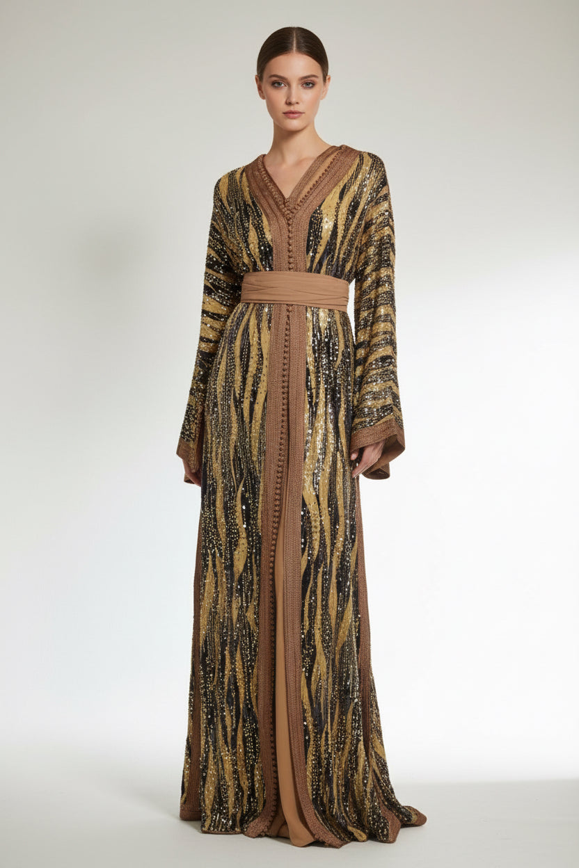 Takchita caramel avec sfifa et ceinture assortie