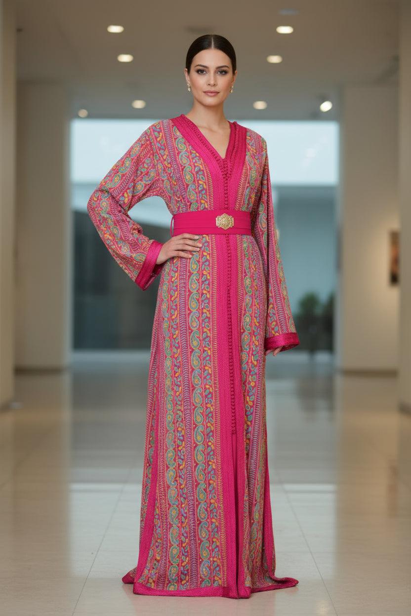 Takchita sari rose fuchsia paisley scintillante - vue de face