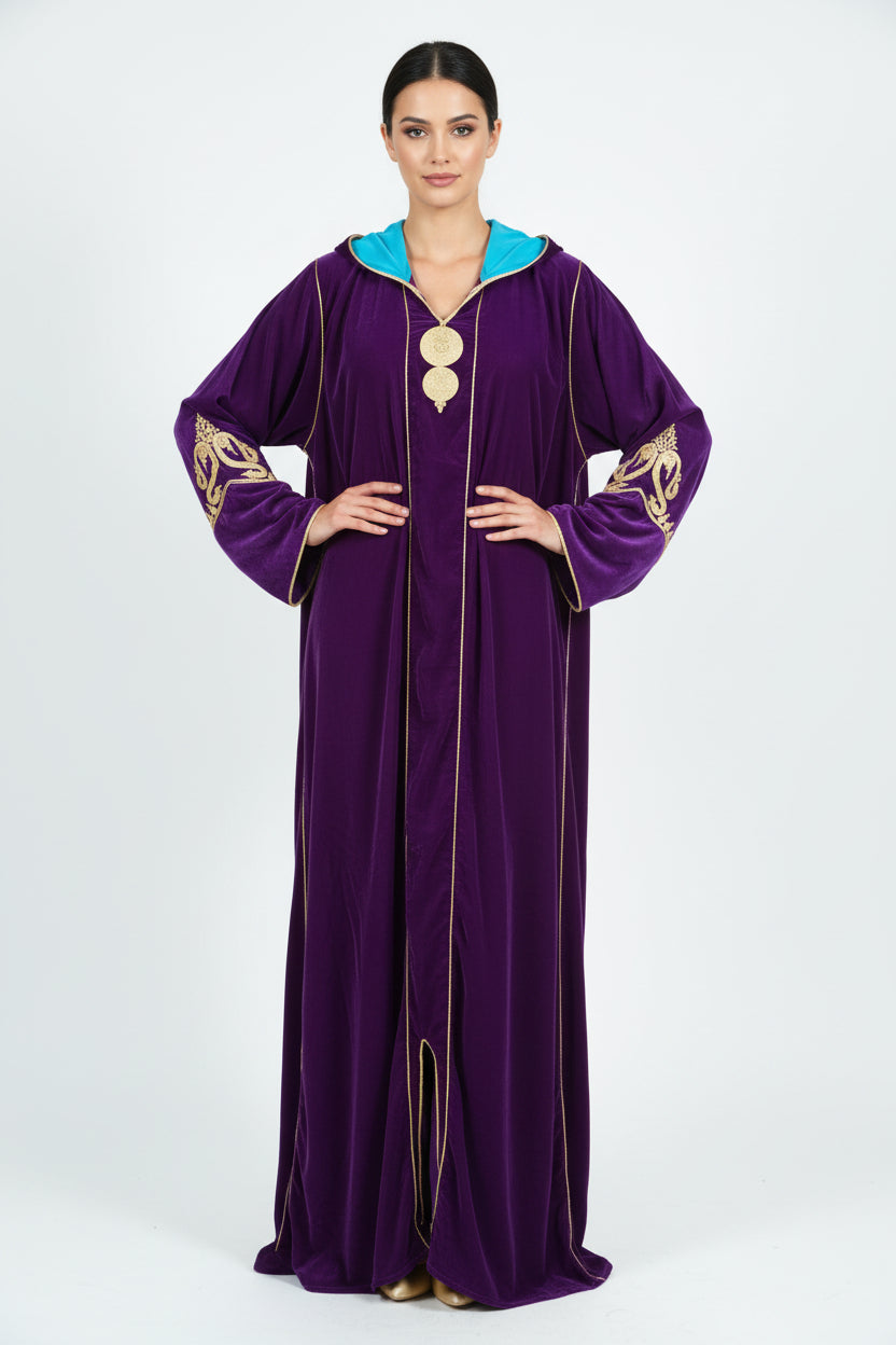 Jellaba Velours Violet Brodé Or - Élégance Marocaine