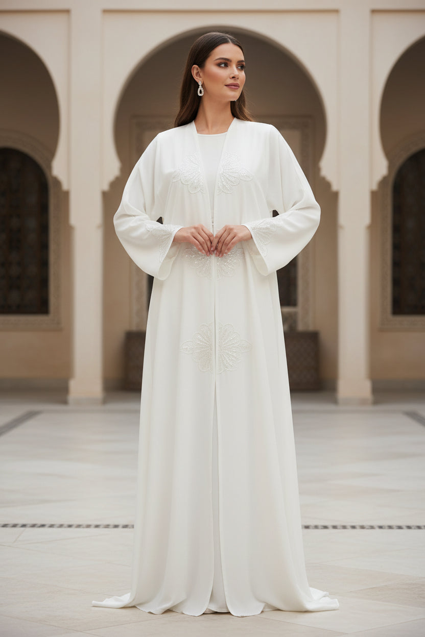 Abaya Kimono Blanc Fleurs de Sequins