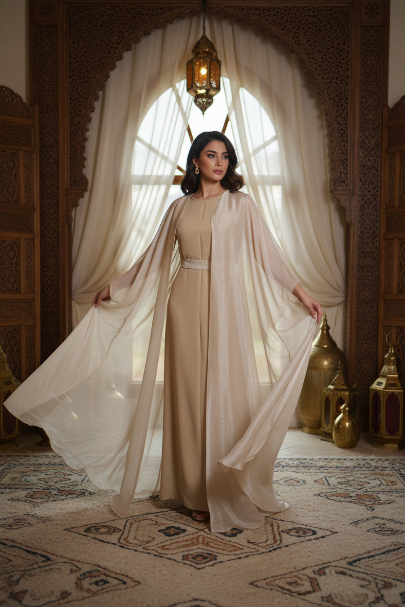 Abaya Kimono Beige Dos Brodé Or - Raffinement Doré