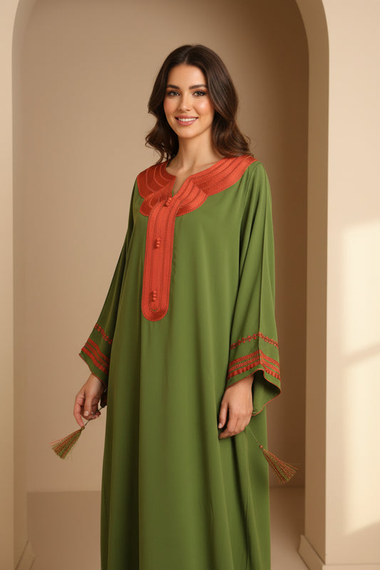 Gandoura Verte Col Orange – Éclat & Élégance Marocaine