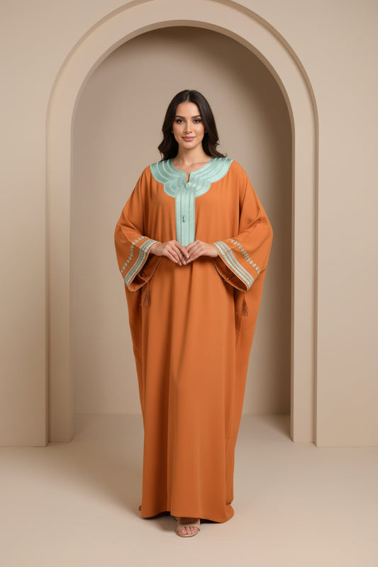 Gandoura Orange Col Vert d’Eau – Fraîcheur & Élégance Marocaine