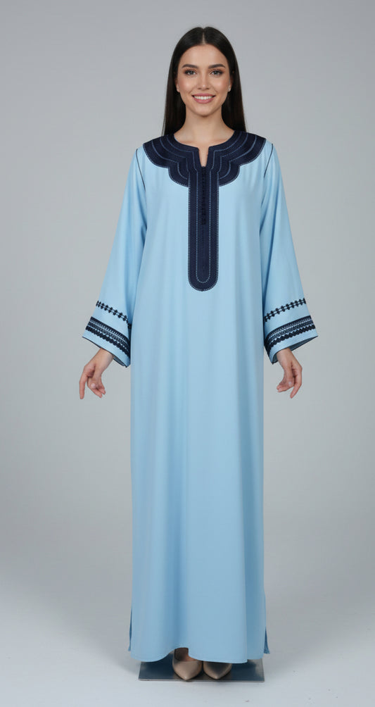 Gandoura Bleu Ciel Col Foncé – Sérénité & Élégance Marocaine