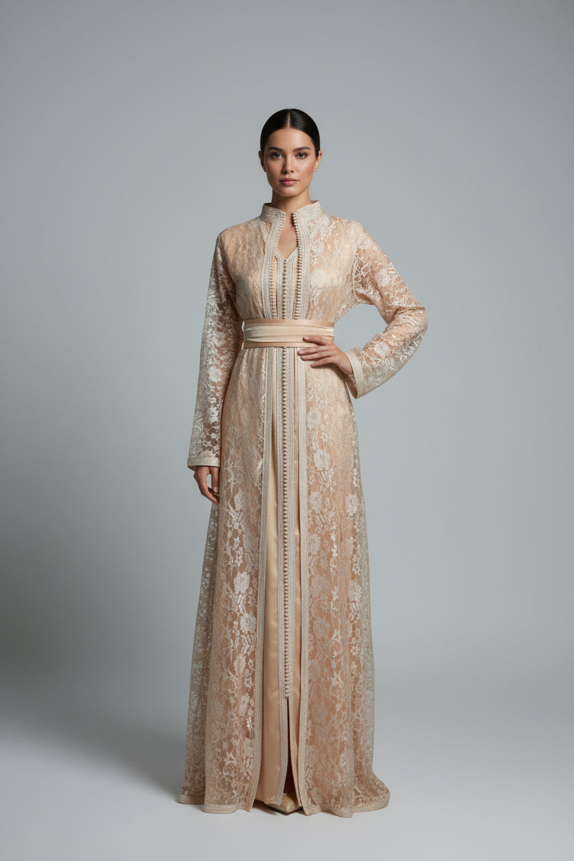 Takchita Dentelle Nude Beige – Grâce, Transparence & Luxe Marocain