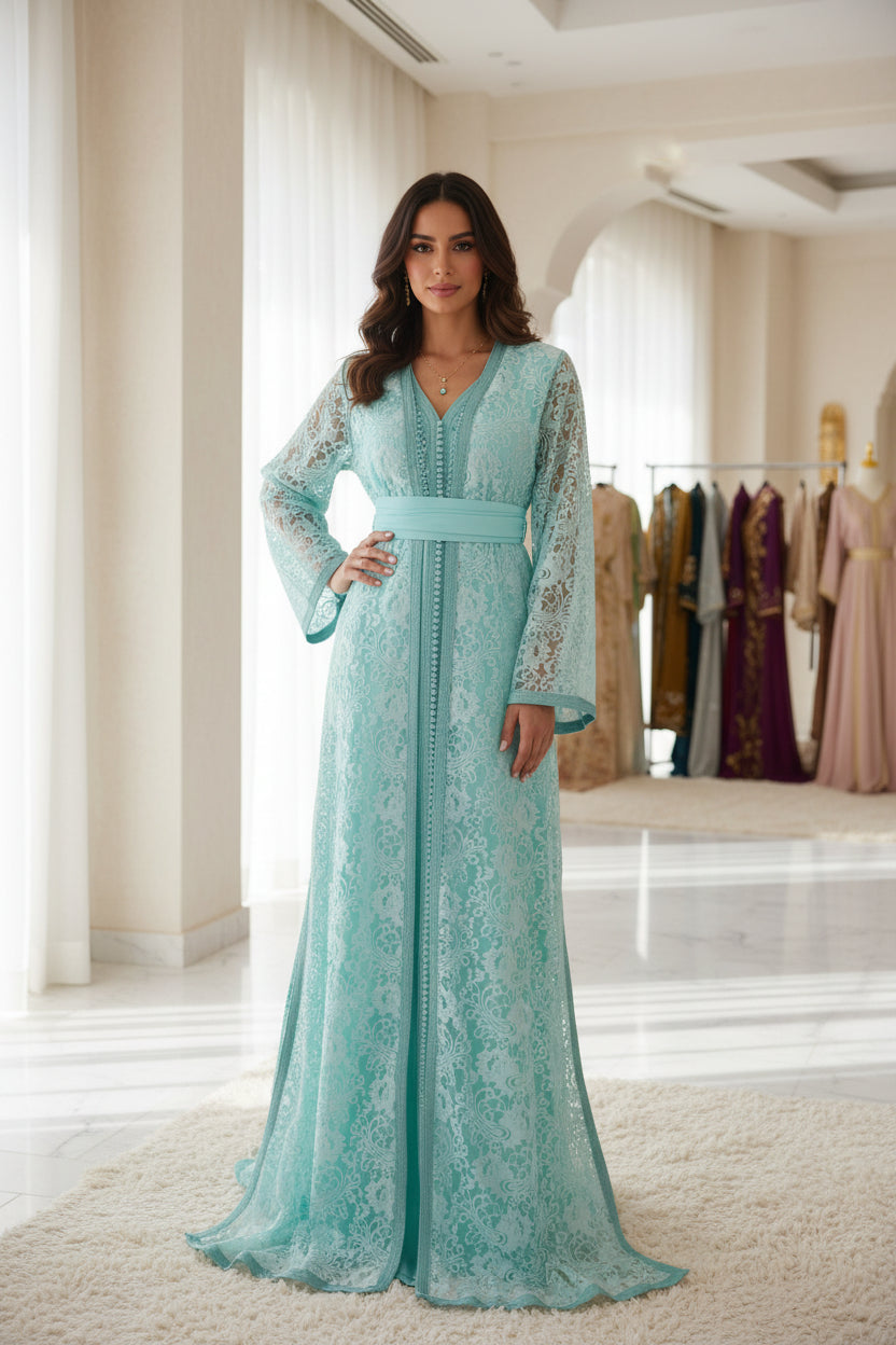 Takchita Dentelle Turquoise – Éclat Méditerranéen & Artisanat Marocain