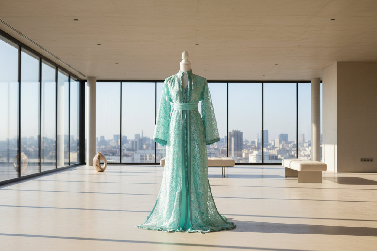 Takchita Dentelle Turquoise – Éclat Méditerranéen & Artisanat Marocain