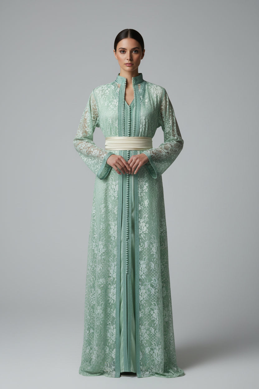 Takchita Dentelle Verte – Nature Royale & Artisanat Marocain d’Exception