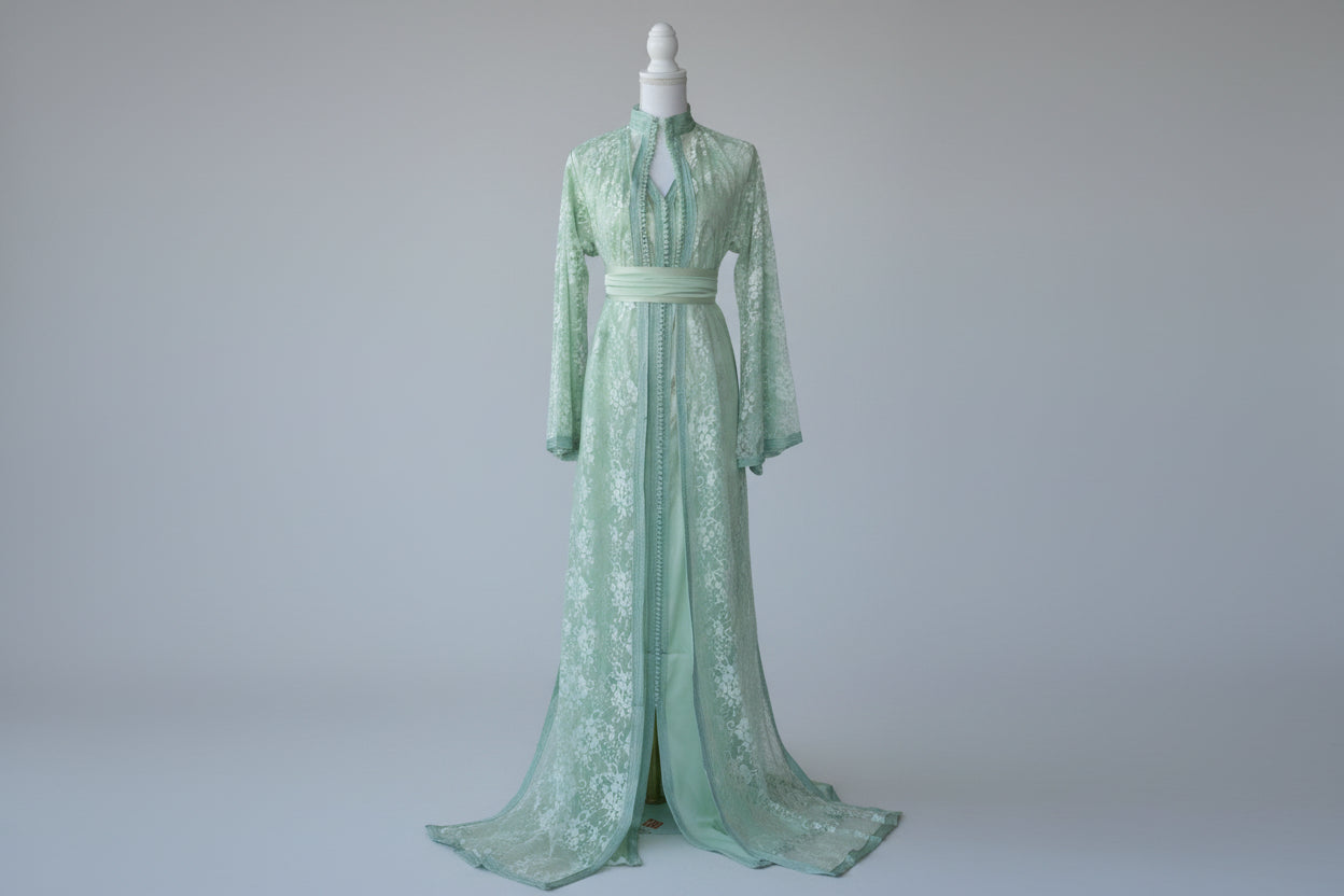 Takchita Dentelle Verte – Nature Royale & Artisanat Marocain d’Exception