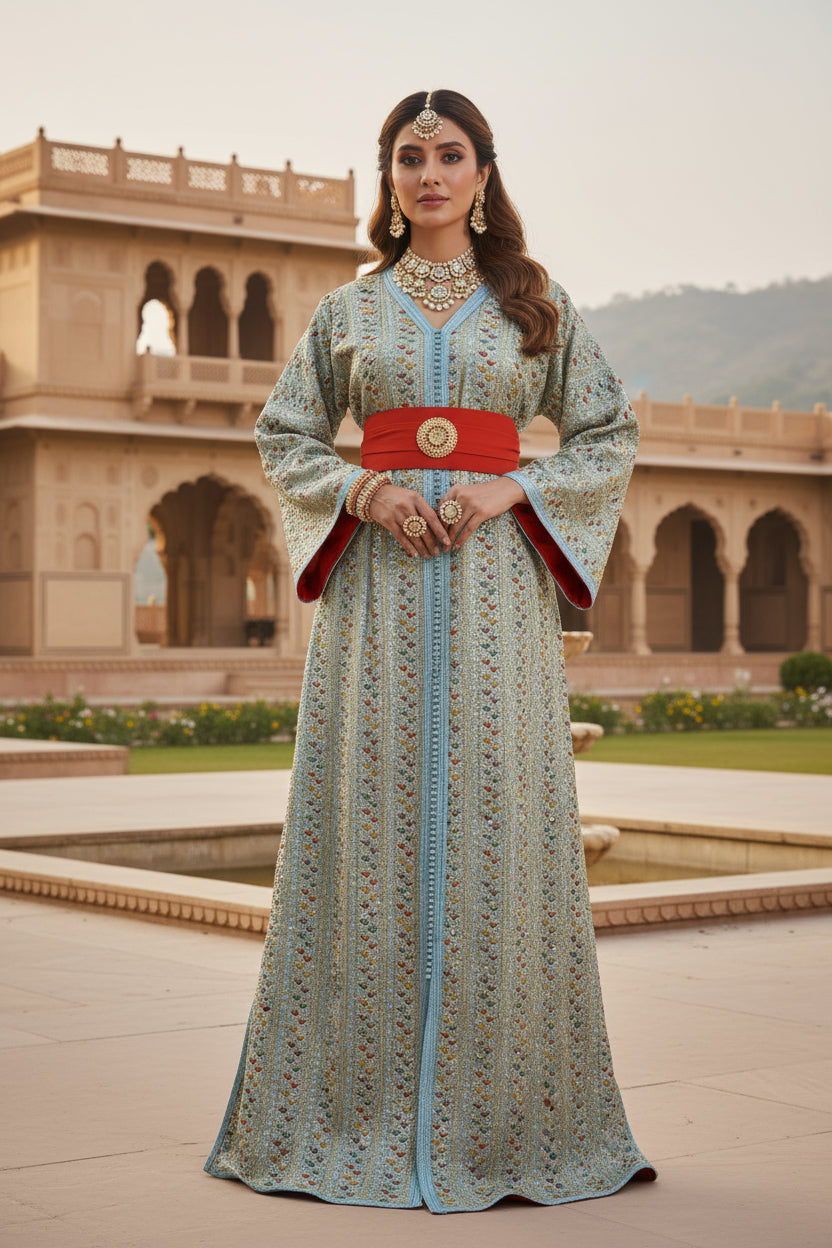 Caftan Sari bleu ciel – ceinture rouge & médaillon doré