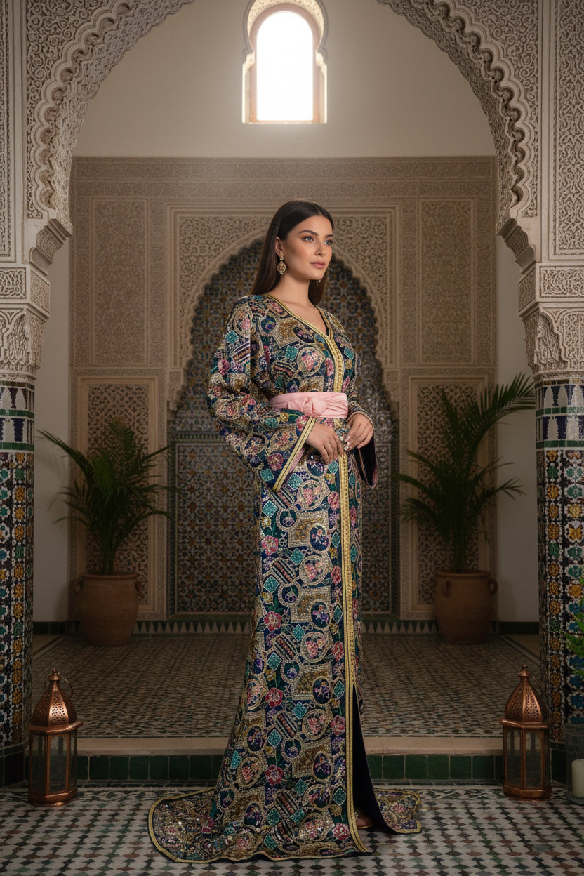 Caftan Sari Sirène “Majesté Andalousie” – Bleu nuit & or