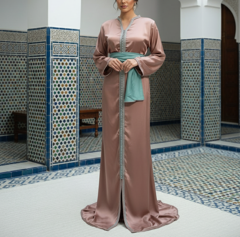 Caftan Satin « Vieux Rose & Vert d’Eau » – Minimal Chic