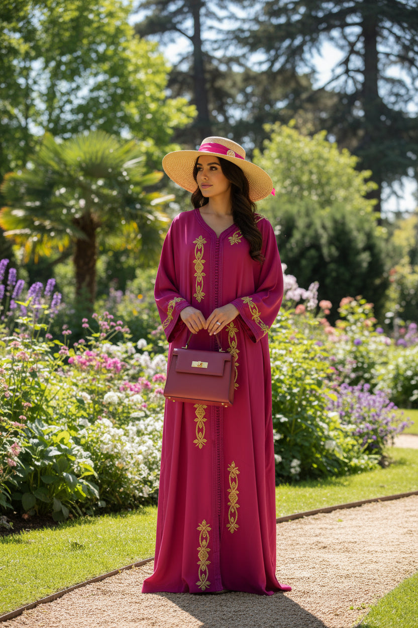 Gandoura fuchsia brodée – Appliqués cristal & galons