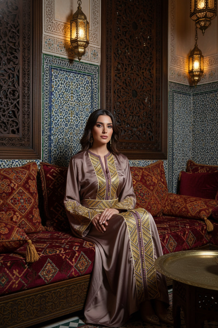 Caftan “Dalia” – Taupe rosé & or, broderies précieuses