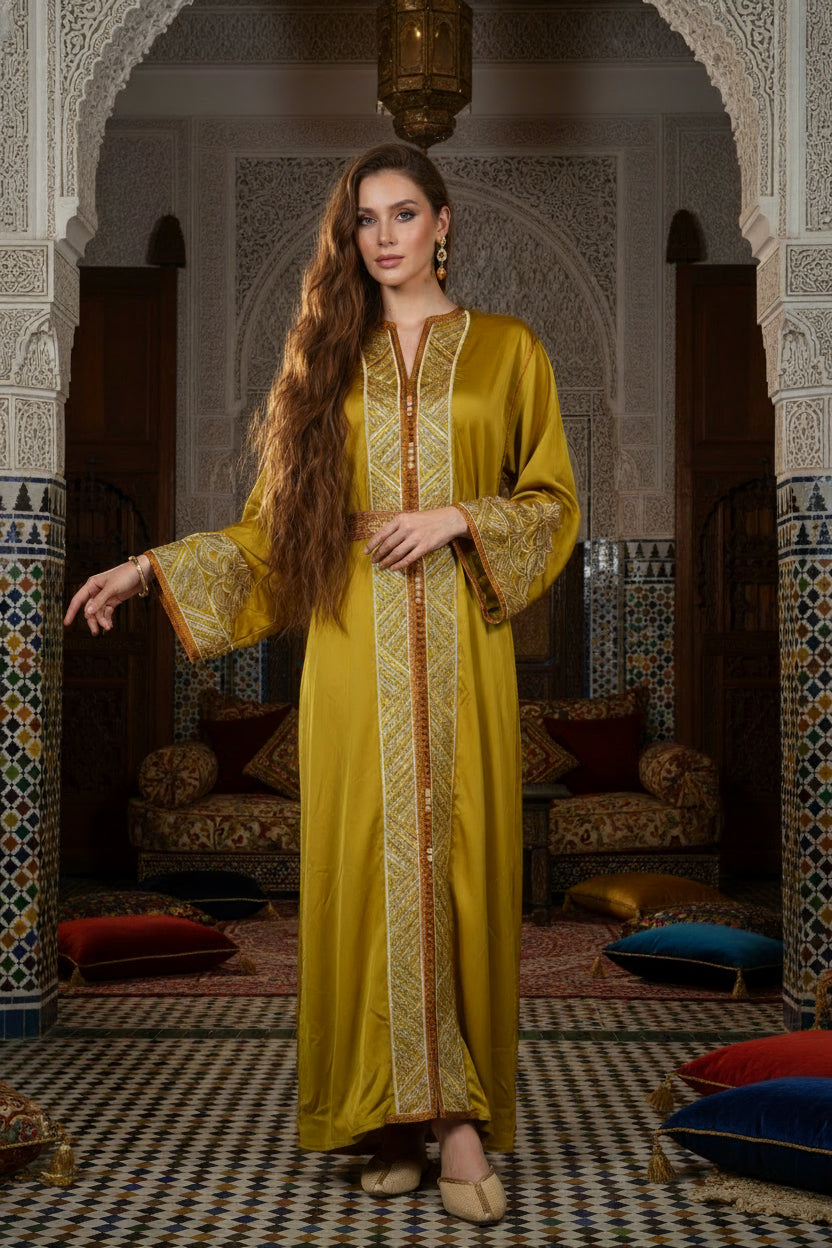 Caftan “Dalia” – Safran doré & or, panneau brodé chevrons