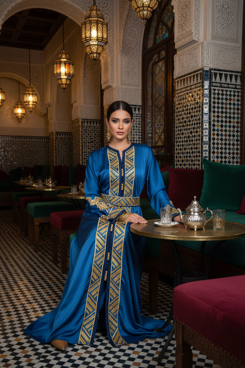 Caftan “Dalia” – Bleu paon & or, panneau brodé chevrons