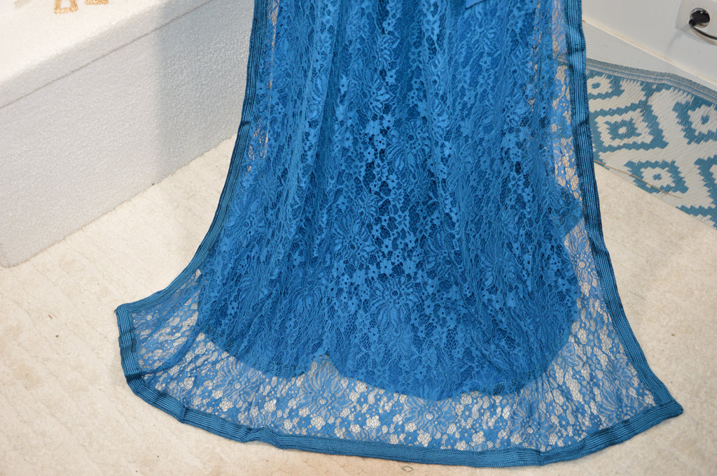 Takchita dentelle Bleu Céruléen « Azur Couture » — Ceinture rigide ton-sur-ton