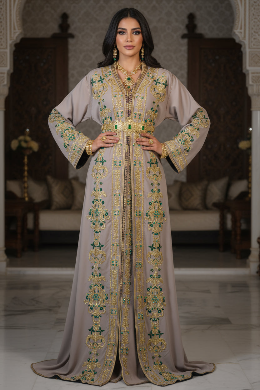 Caftan royal “Soraya” Taupe Émeraude — Broderies dorées & pierres