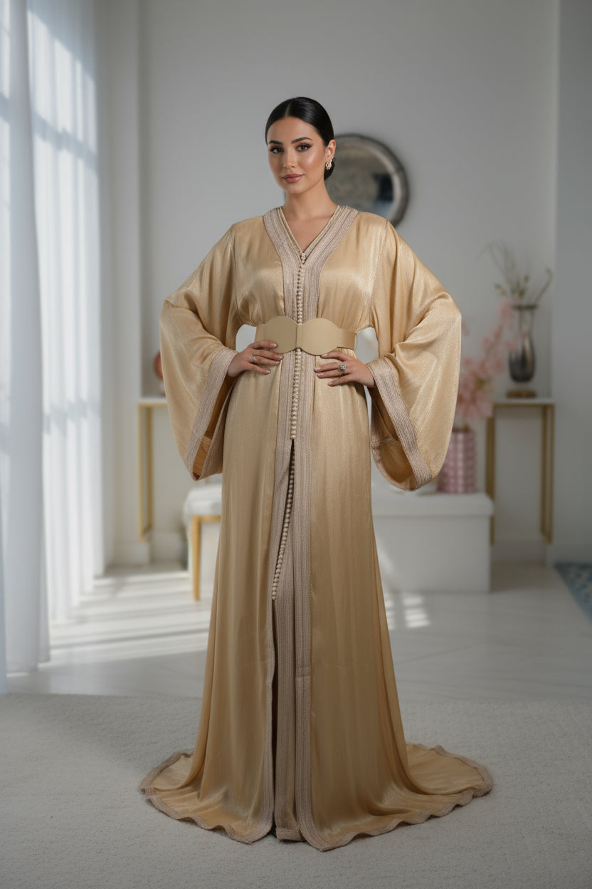 Takchita organza lamé Champagne doré (avec ceinture rigide)