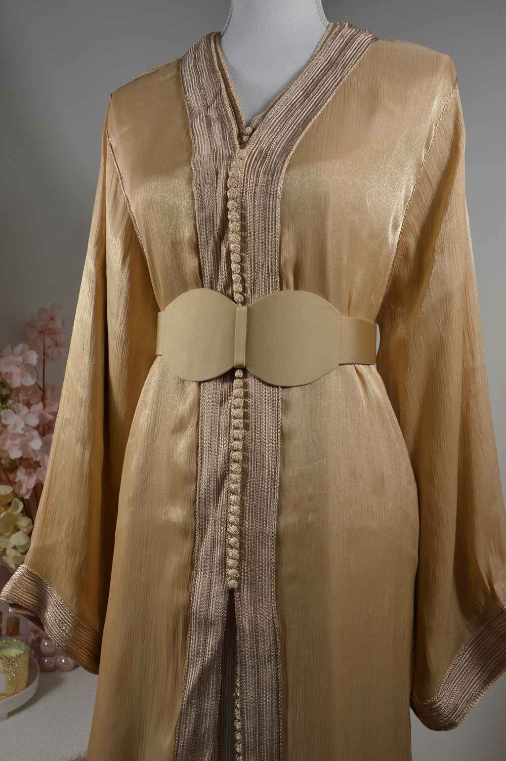 Takchita organza lamé Champagne doré (avec ceinture rigide)