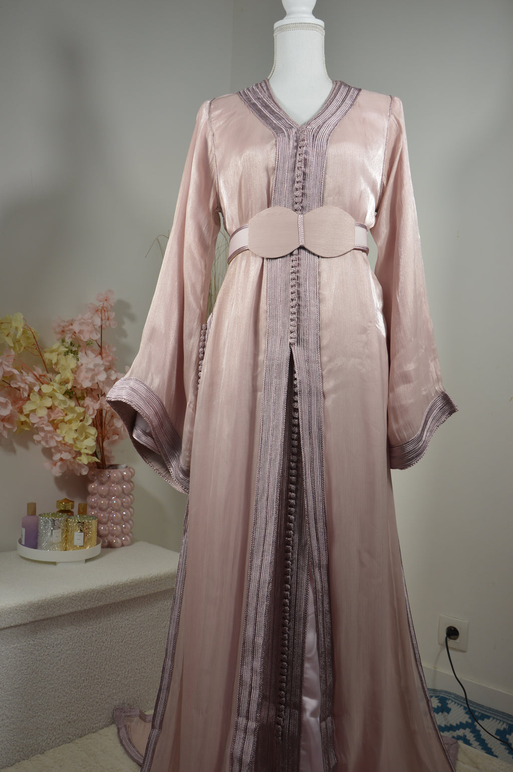 Takchita organza satiné métallisé – Rose poudré