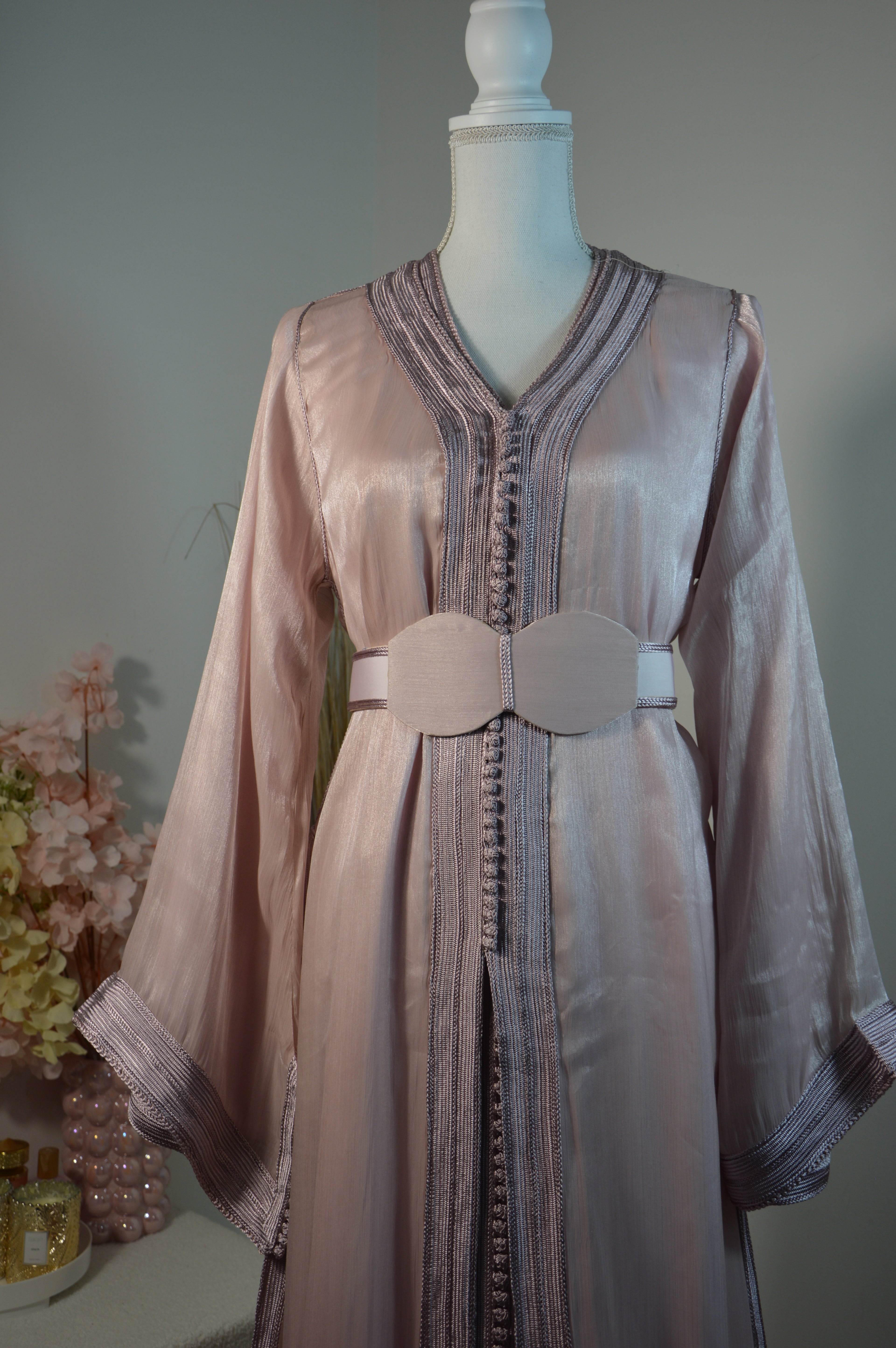 Takchita organza satiné métallisé – Rose poudré