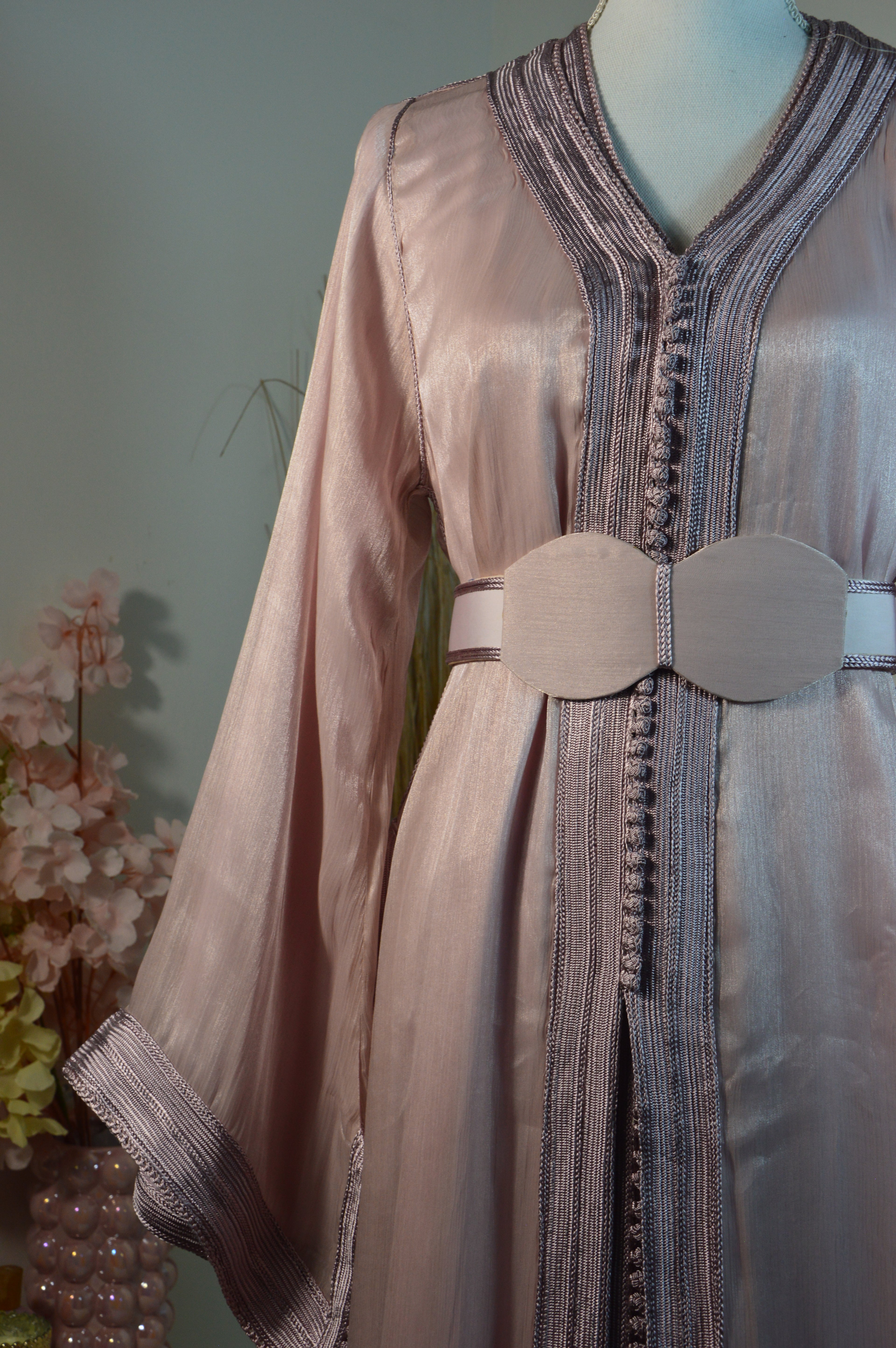 Takchita organza satiné métallisé – Rose poudré