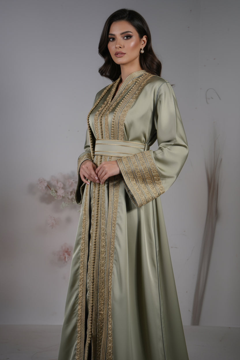 Kimono oriental satin vert sauge & broderies dorées – Ceinture assortie