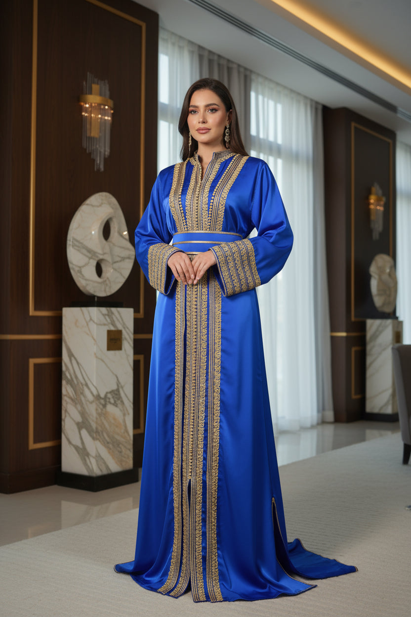 Kimono Oriental – Bleu Roi & Broderies Or – Ceinture assortie