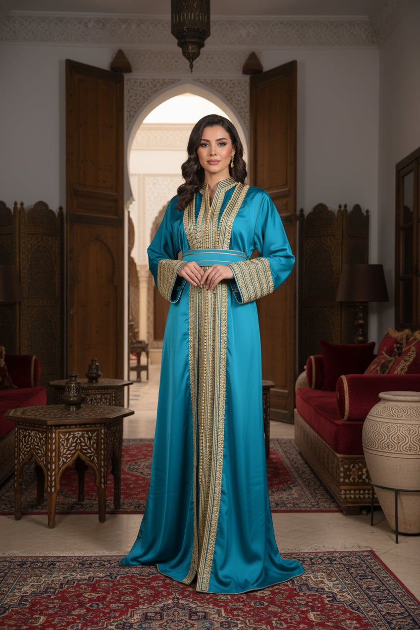 Kimono Oriental Brodé – Turquoise & Or (ceinture incluse)