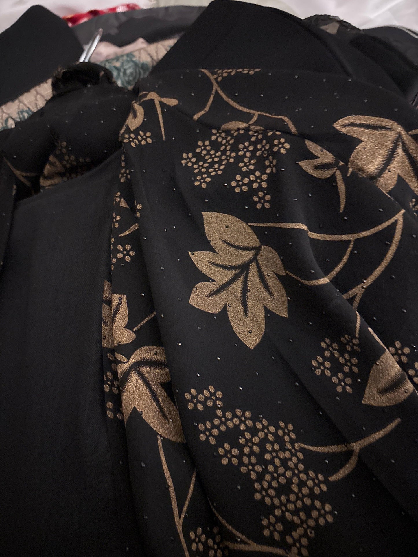 Abaya Kimono Perle Strass Fleur Marron & Noir