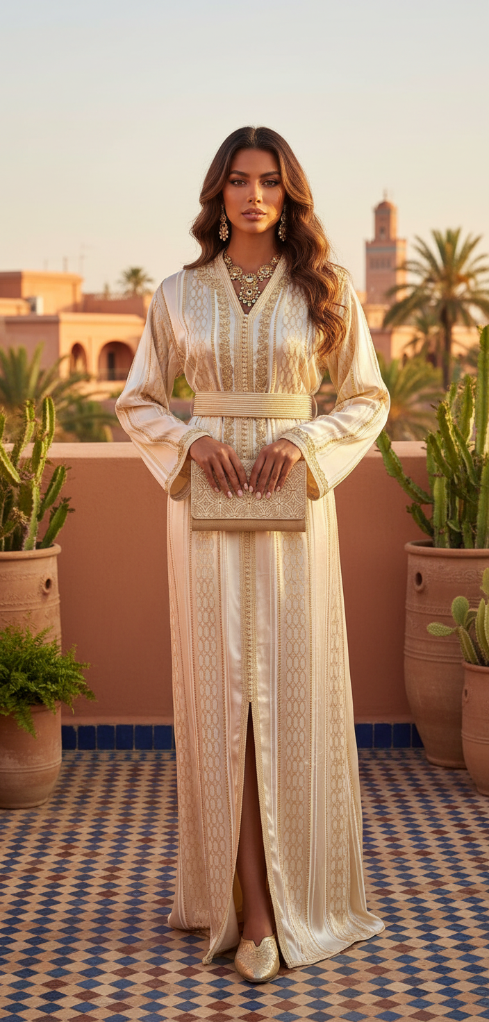 Caftan marocain doré champagne satin brodé or - vue de face