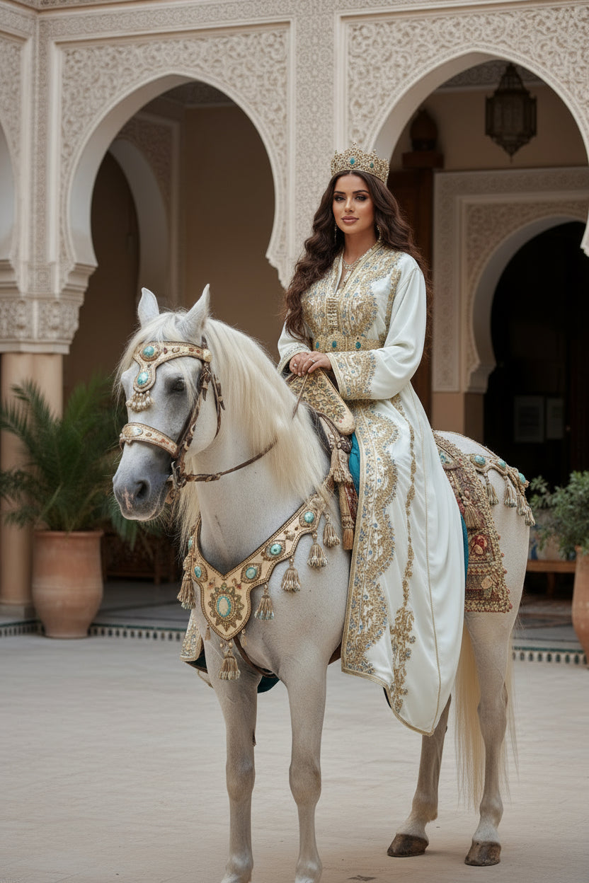 Caftan Mariée Blanc Impérial avec Traîne et Broderies Luxueuses